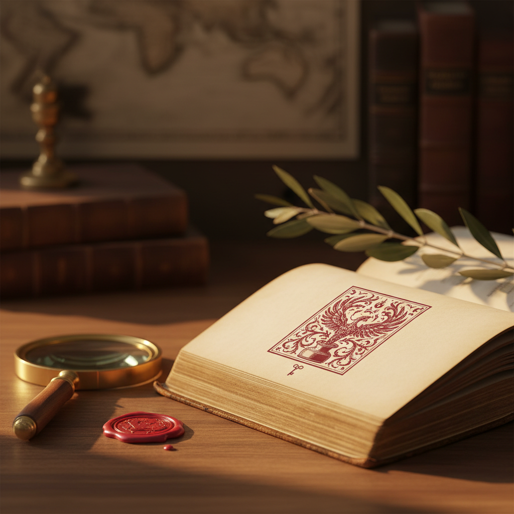 Une mise en scène verticale d’un bureau élégant avec un seul livre ancien ouvert, révélant un ex libris rectangulaire complexe : un phénix renaissant d’un encrier, des flammes transformées en arabesques végétales, et un petit symbole de clef au bas. L’ex libris est imprimé en encre rouge sombre légèrement satinée. Autour, une loupe vintage, un sceau de cire sans inscription et une branche d’olivier séchée suggèrent la quête, la mémoire et la renaissance. Lumière de fin de journée, dorée, entrant en biais et caressant les bords dorés du livre. Composition soignée, ex libris placé sur le tiers inférieur, fond doux et flou. Style photographique réaliste, atmosphère contemplative et presque sacrée.