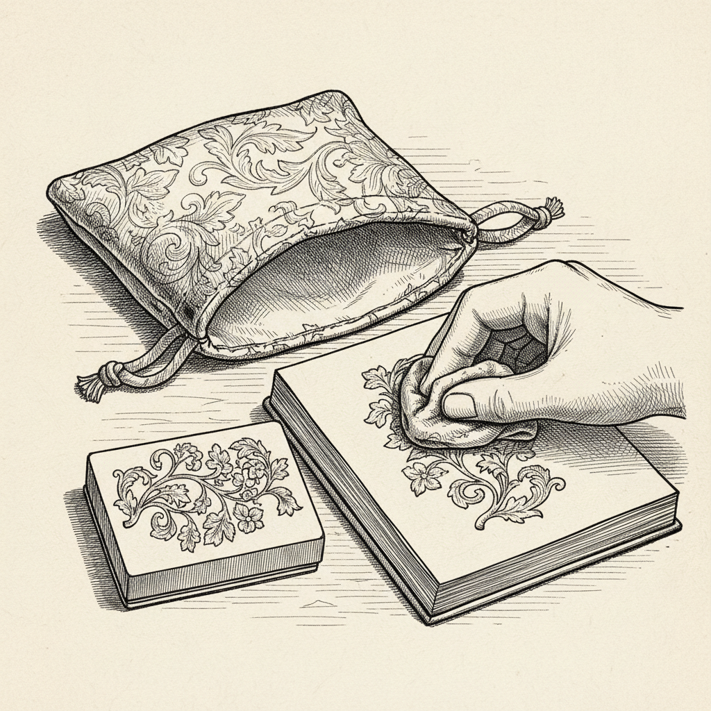 Black and white engraving-style illustration of a rubber stamp lying flat on a surface, next to a protective fabric pouch or etui open beside it. Elegant, detailed crosshatching technique, vintage botanical engraving aesthetic, cream/ivory background, no text, no logo, no color. The style must exactly match the other two illustrations in the series: a gloved hand cleaning a stamp with a cloth, and a hand pressing a stamp onto an open book. Same line weight, same ivory background, same vintage engraving mood.