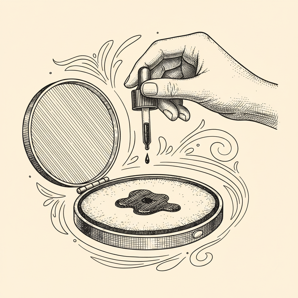 Black and white engraving-style illustration of a hand refilling an ink pad (coussin encreur) with a small bottle of ink. Elegant, detailed crosshatching technique, vintage botanical engraving aesthetic. Background color must be warm cream/ivory (#f5f0e8), NOT white or grey. Same line weight, same warm ivory background, same vintage engraving mood as the other two illustrations in the series: a hand cleaning a stamp with a cloth, and a hand placing a stamp into a fabric pouch. No text, no logo, no color fill — only ink lines on warm ivory.