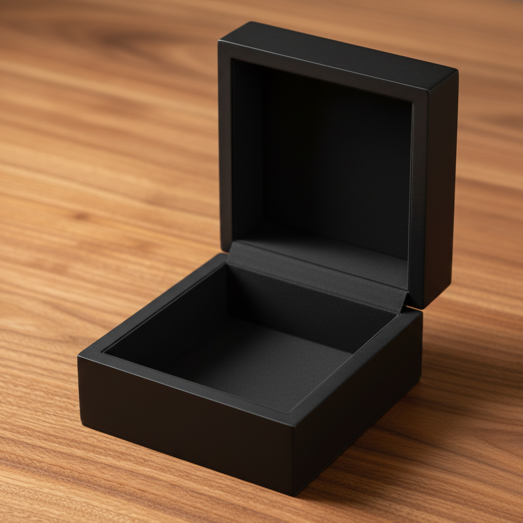 Boîte prestige bois noir 11×11×8 cm ouverture façon montre sur fond bois noyer